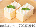 Sliced of cheesecake with  mint leaves decorated on top 70161940