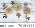 Autumn and Thanksgiving day  background from fallen leaves and pumpkins fruits on wooden table 70161992