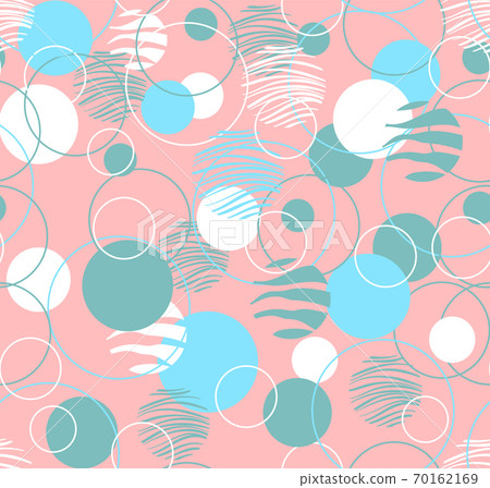 Trendy abstract seamless pattern with white, blue, green circles on a coral background. Seamless vector texture. Design for fabric, paper, packaging 70162169
