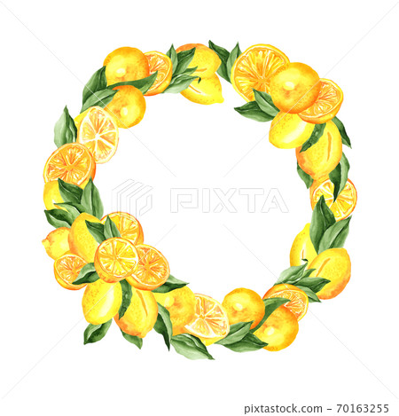 Lemons Wreath. Watercolor Composition with lemons and leaves, arrangement design isolated on white. Lemons Wreath. Watercolor Composition with lemons and leaves, arrangement design isolated on white. 70163255