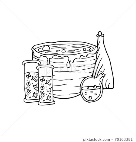 Vat with poison, poison and pumpkin, Halloween doodles. Isolated vector illustration in contour or outline drawing style Vat with poison, poison and pumpkin, Halloween doodles. Isolated vector illustration in contour or outline drawing style 70163391