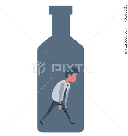 Alcohol and addiction, Young male character trapped inside a bottle, health problems 70163529