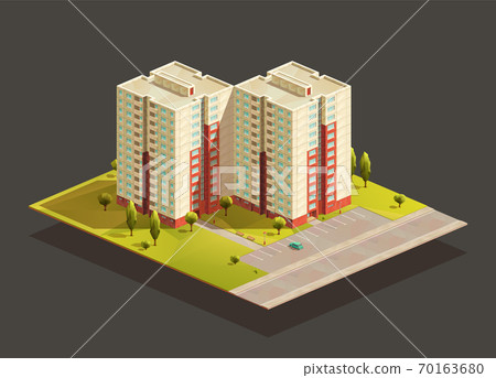 Tower twins Block of Flats isometric illustration Tower twins Block of Flats isometric illustration 70163680