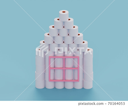 a paper toilet house, a pyramid of toilet paper on a blue background a paper toilet house, a pyramid of toilet paper on a blue background 70164053