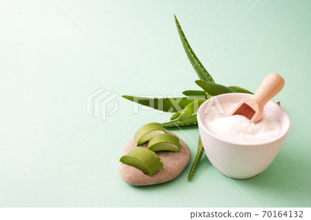 Aloe vera plant, slices of aloe on the stone, salt scrub in ceramic bowl Aloe vera plant, slices of aloe on the stone, salt scrub in ceramic bowl 70164132