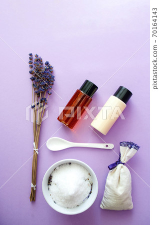 Lavender spa natural cosmetic, body cream, shower gel, salt scrub. Fabric sachet. Dry herbal flowers. 70164143