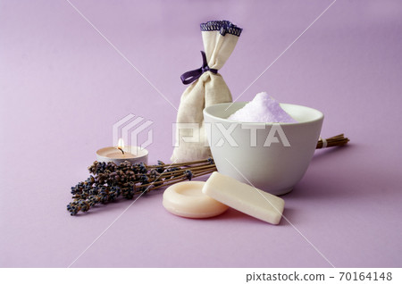 Lavender cosmetic, hand made soap, salt scrub. 70164148