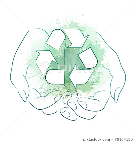 Outline drawing of hands holding a sign of recycling with green watercolor splashes. Recycling and Zero Waste. 70164190