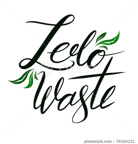 Hand drawn lettering Zero Waste with green leaves. Brush calligraphy. Vector quote 70164222