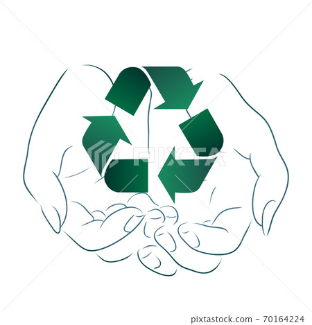 Outline drawing of hands holding a sign of recycling. Recycling and Zero Waste. Outline drawing of hands holding a sign of recycling. Recycling and Zero Waste. 70164224