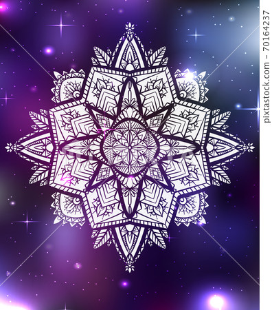 Vector neon illustration of zen mandala with boho pattern, space background with stars and nebula. 70164237