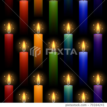 Seamless pattern with rainbow burning candles on a dark background. Vector texture Seamless pattern with rainbow burning candles on a dark background. Vector texture 70164241