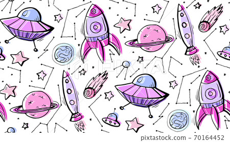 Seamless child pattern of contour colorful illustrations of stars, spaceships and UFOs. Vector pattern Seamless child pattern of contour colorful illustrations of stars, spaceships and UFOs. Vector pattern 70164452
