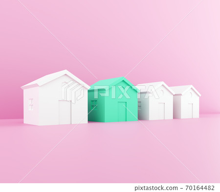 Eco green house among ordinary white houses. Concept 3d illustration 70164482