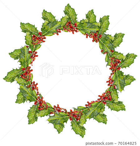Christmas wreath with holly plant leaves, design for kitchen tray, table ware or napkins. Pencil drawing illustration. Christmas wreath with holly plant leaves, design for kitchen tray, table ware or napkins. Pencil drawing illustration. 70164825