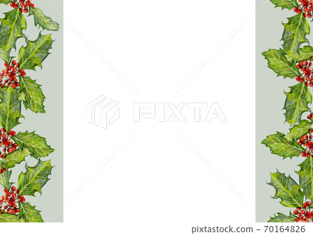Christmas background with green leaves and red berries. Frame with copy space. Christmas background with green leaves and red berries. Frame with copy space. 70164826