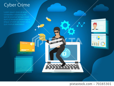 Hacker stealing credit card, financial information and gold coins from computer. Idea for digital online cyber crime, hacking, phishing, scam, malware and financial security concept. 70165301