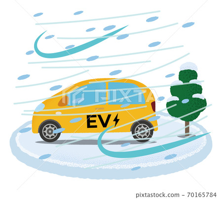 一輛黃色的電動汽車，遭受暴風雪的矢量圖 70165784