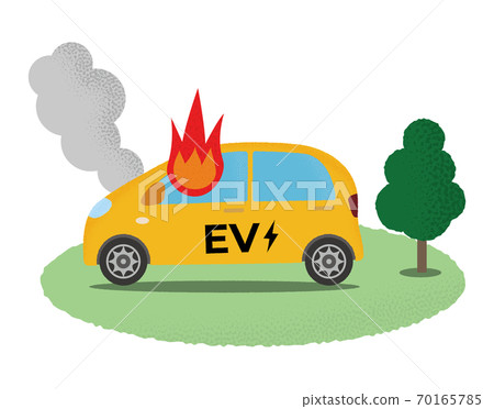 一輛黃色的電動汽車，在火中的矢量圖 70165785