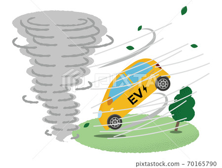 一輛黃色的電動汽車，遭受龍捲風的矢量圖 70165790