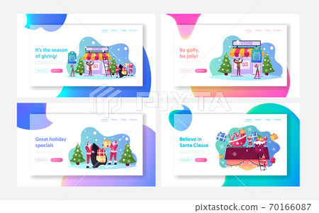 Christmas Promotion Landing Page Template Set. Santa Claus with Gifts, Elf Holding Sale Banner, Reindeer Xmas Promo Christmas Promotion Landing Page Template Set. Santa Claus with Gifts, Elf Holding Sale Banner, Reindeer Xmas Promo 70166087