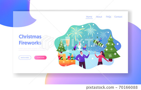 Characters Enjoying Firework Landing Page Template. Outdoor Christmas or New Year Holiday Celebration, Men Launch Petard 70166088
