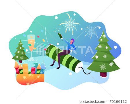 Female Sitting on Huge Petard on Winter Landscape with Fir Tree Launch Fireworks for Christmas or New Year Celebration 70166112