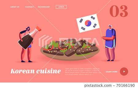 Characters Eating Korean Food Landing Page Template. Man Holding Flag of Korea, Woman with Soy Sauce near Huge Bowl 70166190