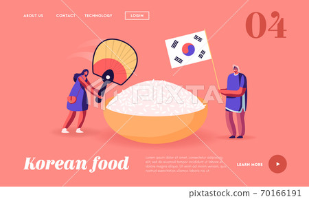 Characters Eating Korean Food Landing Page Template. Man Holding Flag of Korea, Woman with Fan near Huge Bowl with Rice Characters Eating Korean Food Landing Page Template. Man Holding Flag of Korea, Woman with Fan near Huge Bowl with Rice 70166191