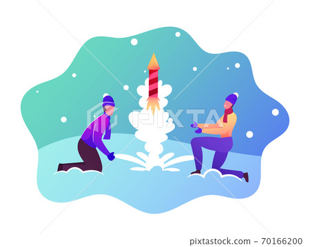 Festive Recreation, Firework Show. Happy Couple Characters Wear Winter Clothes Burning and Launch Petard or Fireworks Festive Recreation, Firework Show. Happy Couple Characters Wear Winter Clothes Burning and Launch Petard or Fireworks 70166200