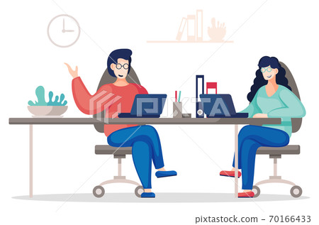 Vector flat illustration of two communicating... - Stock Illustration ...