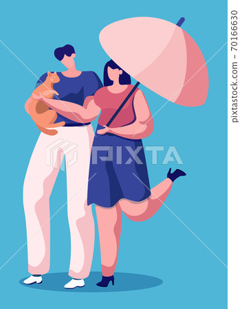 Man and Woman Holding Cat Walking Under Umbrella Man and Woman Holding Cat Walking Under Umbrella 70166630