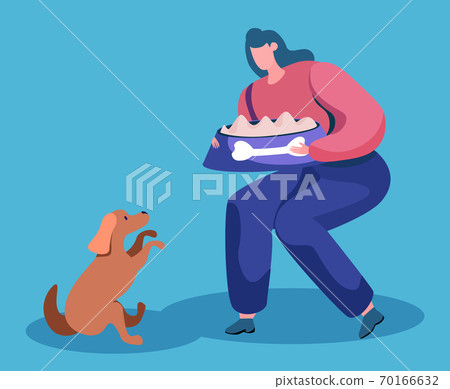 Woman Going to Feed Dog Sitting Paws Up Isolated 70166632