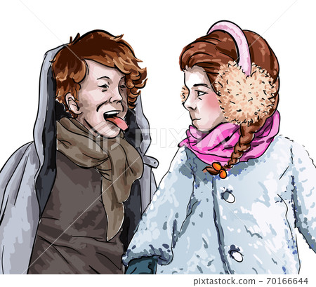 Girl and Boy Playing Together, Sketch Portrait 70166644