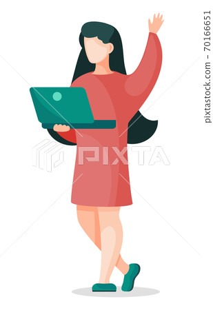 Woman with Laptop in Red Dress Waving Hand. Vector Woman with Laptop in Red Dress Waving Hand. Vector 70166651