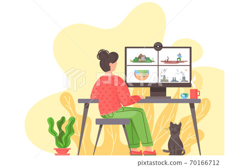 Video conference about the ecological situation on earth. Woman having a conference video call Video conference about the ecological situation on earth. Woman having a conference video call 70166712