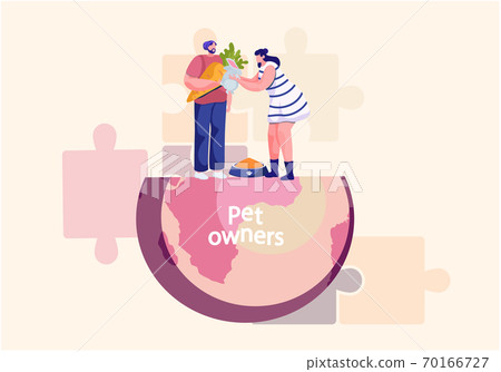 Pet care, happy couple with rabbit, cute animal and people vector illustration in pink colour Pet care, happy couple with rabbit, cute animal and people vector illustration in pink colour 70166727