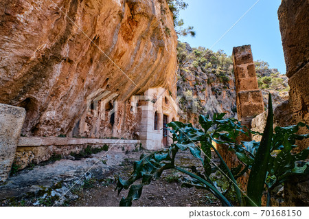 Orthodox cave church of St John the Hermit in abandoned Katholiko monastery in Avlaki gorge, Akrotiri peninsula, Chania, Crete, Greece Selective focus Orthodox cave church of St John the Hermit in abandoned Katholiko monastery in Avlaki gorge, Akrotiri peninsula, Chania, Crete, Greece Selective focus 70168150