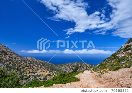 Typical Greek or Cretan landscape, hills and mountains, spring foliage, bush, olive tree, rocky road, path. Akrotiri peninsula, Chania, Crete, Greece 70168351