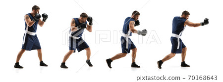 Young boxer against white studio background in motion of step-to-step kicking 70168643