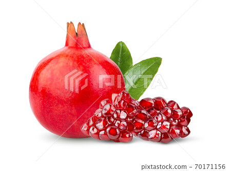 Pomegranate with leaf on white background. 70171156