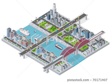 Isometric 3D illustration City with river embankment with 70171407