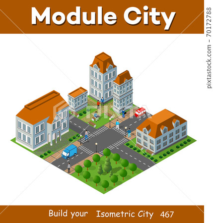 3D isometric city landscape of houses, gardens... - Stock Illustration ...