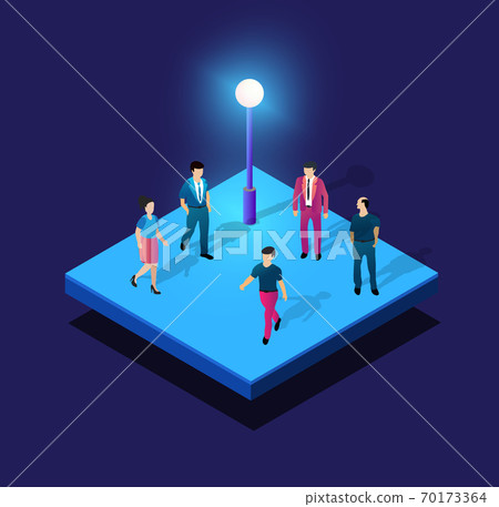 Ultraviolet neon street lamp Isometric people walking at night in the street Ultraviolet neon street lamp Isometric people walking at night in the street 70173364