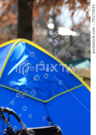 Soap bubbles swept by the wind in the park 70173643