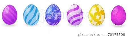 Set of vector colored Easter eggs with different textures isolated on a white background for decoration of Easter cards and greetings. Collection of cartoon eggs of different colors with highlights Set of vector colored Easter eggs with different textures isolated on a white background for decoration of Easter cards and greetings. Collection of cartoon eggs of different colors with highlights 70175508