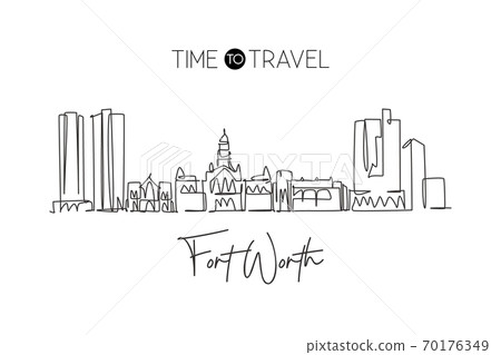 One continuous line drawing of Fort Worth city skyline, USA One continuous line drawing of Fort Worth city skyline, USA 70176349