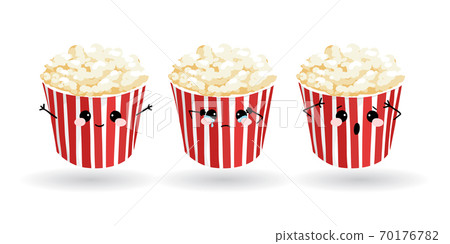 Cartoon funny popcorn. Hand drawn set of emoji. Vector emoticon illustration food 70176782