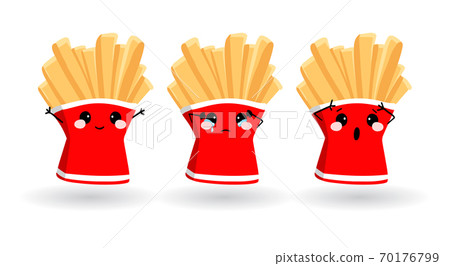Cartoon funny french fries. Hand drawn set of emoji. Vector emoticon illustration food Cartoon funny french fries. Hand drawn set of emoji. Vector emoticon illustration food 70176799