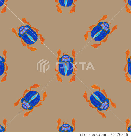 Blue scarab isolated on beige background. Seamless pattern with Bug insect, Beetles. Design for wrapping paper, cover, greeting card, wallpaper, fabric 70176896